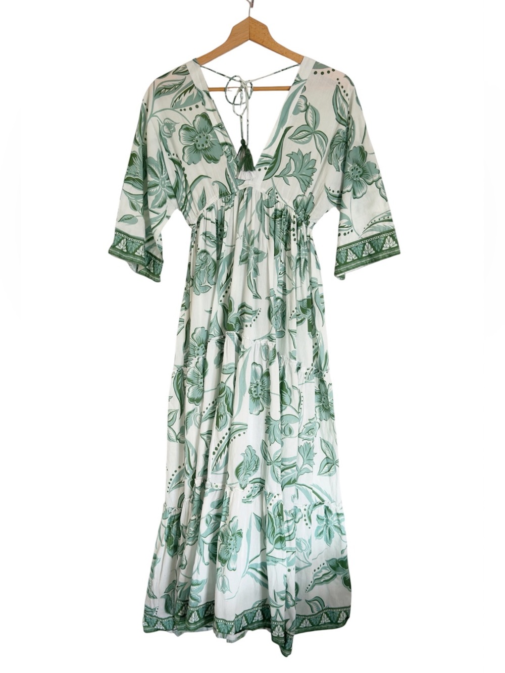 Haute Hippie Style Green Floral Tiered Boho Maxi Resortwear Coverup Dress size S - Picture 2 of 6